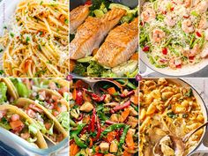 six different pictures of food including fish, pasta, salad and other foods in pans