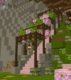 the interior of a minecraft house with flowers and trees