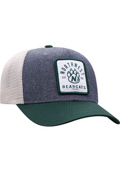 This Northwest Missouri State Bearcats Grey Adjustable Hat features a front patch team logo on a structured gray crown with contrast meshback. Top of the World Charburry Meshback Adjustable Hat, Front team patch logo, Team name and team slogan on front patch, Gray heathered front crown, Contrast team color visor, Contrast meshback, Cotton/Poly Blend, Wipe clean with cloth or cleaning kit, 4 Gray Casual Trucker Hat With Logo Patch, College Baseball Season Trucker Hat With Embroidered Logo, Collegiate Team-colored Trucker Hat With Flat Brim, Collegiate Snapback Hat With Logo Patch For Fans, Sports Trucker Hat With Logo Patch And Flat Brim, Collegiate Hats With Logo Patch For Game Day, Collegiate Trucker Hat With Embroidered Logo For College, Collegiate Trucker Hat With Embroidered Logo, Trucker Hat With Logo Patch For Sports Events