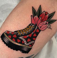 Good Leg Tattoos, Neotrad Sleeve, Lily Tattoo Meaning, Traditional Tattoo Filler, Dr Martens Shoe, Shoe Tattoos, Tulip Tattoo, Flower Tattoo Meanings, Rose Tattoos For Men