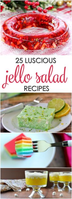 several different types of jello salads on plates with strawberries and lemon wedges