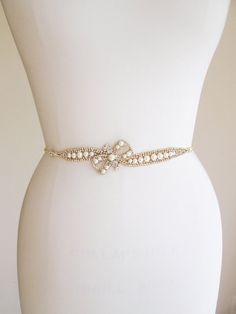 Skinny bridal belt sash Crystal wedding belt by SabinaKWdesign Elegant Gold Bridal Accessories With Sashes, Elegant Evening Belts With Rhinestones, Elegant White Belt With Rhinestones, Elegant Gold Sashes With Embroidered Belt, Elegant Gold Belt For Party, Gold Embroidered Bridal Belt For Wedding, Elegant Silver Bridal Belt For Wedding, Elegant Gold Bridal Belt For Bride, Elegant Rhinestone Party Sashes