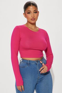 Available In Black, White, Grey And Army Green Crew Neck Long Sleeve Crop Top 95% Cotton 5% Spandex Imported | Robin Long Sleeve Top in Magenta size Medium by Fashion Nova Pink Long Sleeve Seamless Top, Pink Elastane Crop Top, Pink Long Sleeve Crop Top, Pink Longsleeve, Service Women, Pink Long Sleeve, Curve Dresses, Long Sleeve Crop, Basic Tops