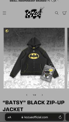 a batman zip - up jacket is shown on the app