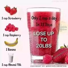 raspberry smoothie in a glass with information about the ingredients and how to use it