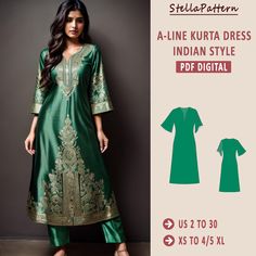 The digital sewing pattern is for A-LINE KURTA DRESS INDIAN STYLE. ➡️This pattern comes with an illustrated sewing guide with step-by-step instructions, making it super easy to make your own garment. If you're looking for a beginner-friendly project that will take 2 hours to make, then this is perfect for you! ➡️ US Sizes: 2, 4, 6, 8, 10, 12, 14, 16, 18, 20, 22, 24, 26, 28, 30 ➡️ Standard sizes: XS, S, M, L, XL, 2XL, 3XL, 4XL/5XL ➡️ These templates are suitable for A4, A0 and US Letter size pape Kurta Pattern Women, Indian Sewing Patterns, Suits Indian, Sewing Guide, Kurta Patterns, Kurta Style, Kurta Dress, A Line Kurta, Dress Indian