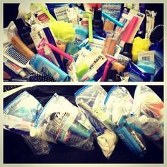 two pictures with toothbrushes, brushes and other items in plastic bags next to each other