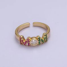 Gold Mom Script Ring Pink / Green Cz Gold Filled Ring Open Adjustable for Mother Day Gift S-524 | DLUXCA Mom Texts, Open Heart Ring, Stack Ring, Pearl Choker, One Ring, Matching Bracelets