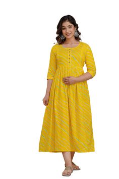 Item Description :-  ideal For Women  1.Fabric : Cotton  2.Set : Anarkali Kurti   3.Pattern : Printed  and zippers both side  4.Sleeves : 3/4 Sleeve  5.Color :As shown (YELLOW)  6.Work and Design : Gotta work  7.Fit Type : Regular Fit  8.Size: M, L, XL, XXL  9.Length Type :-Calf Length (48-49cm)  10. Occasion:-Festive & Party   11. Type:- Anarkali 12.Style:- Anarkali Maternity Wear   13.Neck:-Round Neck Number of Contents in Sales Package Pack of 1 ANUOM ethnic kurti A- Line for women casual wea Cotton Maxi Maternity Dress, Cotton Maxi Dress For Maternity Wear, Feeding Gown, Feeding Dresses, Women Casual Wear, Ethnic Kurti, Pregnancy Dress, Yellow Gown, Gotta Work