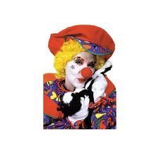 a clown with yellow hair is holding a black and white cat in his right hand