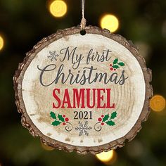 a wooden ornament hanging from a christmas tree