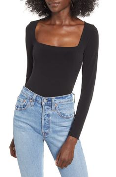 Bodysuit Outfit, Square Neck Long Sleeve, Square Neck Bodysuit, Square Neck Top, Trendy Tops, Black Skinnies, Long Sleeve Bodysuit, Who What Wear