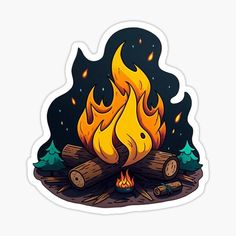 a campfire sticker with logs and trees in the background