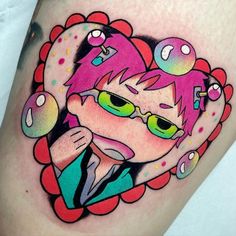 a cartoon character with pink hair and green eyes