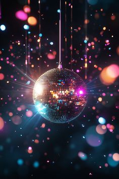 a disco ball hanging from a string in front of a black background with multicolored lights