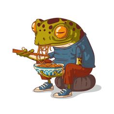 a cartoon frog eating noodles from a bowl with chopsticks in his hand and wearing blue shoes