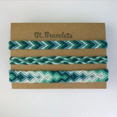 three braided bracelets in different colors and patterns on a card with the words st brueel's