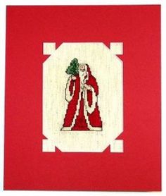 a red card with a cross - stitch image of a woman in a red dress