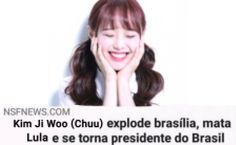 a woman smiling with her hand on her face in front of a sign that says, kim ji chu explore brasil, mata lulla e se torna presideante do brasil do brasil