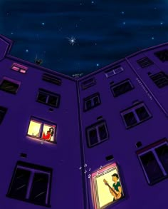 two people are looking out the windows at the stars in the night sky above them