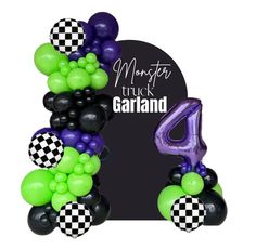 the number four balloon arch is decorated with black, green and purple balloons