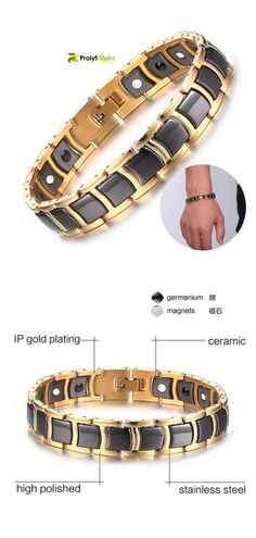 The fashionable ceramic and stainless steel bracelet is a great choice which will nicely enhance  your outfit and elevate your style. Men's accessories for daily wear| men's jewelry | jewelry for men. #bracelet #mensbracelet #goldbracelet #stainlesssteel #jewelry #jewellry #mensjewelry #goldjewelry Elegant Black Link Chain Bracelet, Modern Gold Plated Bracelets, Magnetic Metal Bracelet Jewelry, Modern Magnetic Jewelry For Gifts, Modern Magnetic Bracelet Jewelry, Elegant Gold Magnetic Bracelets, Elegant Gold Magnetic Bracelet, Elegant Black Magnetic Bracelets, Fuzzy Clogs