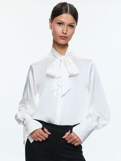 Lloyd Slit Sleeve Button Down Blouse In Off White Alice And Olivia, Bow Blouse, Button Down Blouse, Like A Boss, Tie Neck, Alice Olivia, Hip Length, Silk Blouse, Silk Fabric