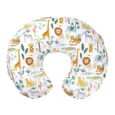 a white neck pillow with jungle animals and giraffes printed on it's side