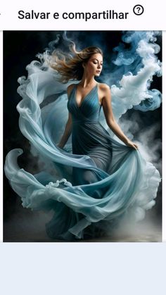 a woman in a blue dress flying through the air with her hair blowing in the wind