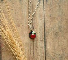 a close up of a necklace on a wooden surface with a stalk of wheat in the foreground