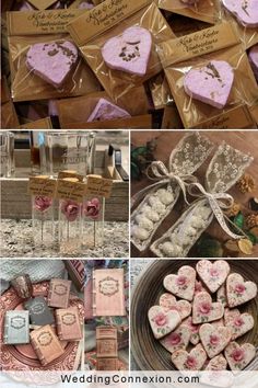 wedding favors and cookies are shown in different pictures, including the top one with hearts on it