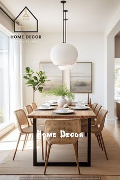 a dining room table with chairs and plates on it