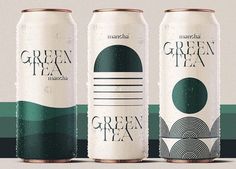 three cans of green tea on a white and green background with the same color scheme