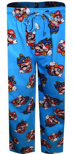 Get ready to jump and play! These 100% cotton lounge pants for men feature Nintendo's much loved Mario character on a blue background. Machine washable with a button fly and drawstring tie, covered elastic waistband with side pockets. Playful Blue Pants With Pockets, Blue Sleepwear With Elastic Waistband For Bedtime, Blue Cotton Bottoms For Sleepover, Blue Cotton Sleepwear With Character Print, Casual Cotton Pants With Cartoon Print, Blue Cotton Sleepwear With Pockets, Cotton Sweatpants With Elastic Waistband For Sleepover, Blue Bottoms With Elastic Waistband For Sleepover, Cotton Pants With Elastic Waistband For Sleepovers