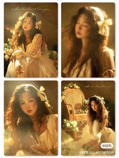 four different pictures of a woman with long hair wearing a dress and sitting on a chair