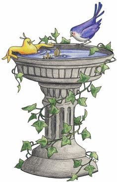 two birds are sitting on top of a fountain with ivy growing around it and one bird is drinking water from the bowl