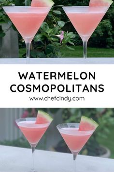 three watermelon cocktails in martini glasses with text overlay that reads, watermelon cosmopolants