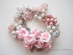 "This wrist corsage of pink and white roses is made of polymer clay. The flower bracelet is decorated with pink raw quartz, Swarowski crystals and small ceramic pearls - all together they create a charming and festive piece of jewelry. This pink flower bracelet will be perfect for those women who are planning the wedding in pastel and delicate colors and in floral, natural theme. Roses will add sensuality and tenderness to your look, and will perfectly complement your bridal dress.  If you'd like to see your guests stunned, just put on this rose wedding bracelet, and there you are :) The item could also be worn as a bridesmaid or prom bracelet - it will be appropriate for both events. The prom corsage can be adjusted to your wrist size. To proceed with the purchase click \"Add to cart\" bu Bracelet For Bride, Lily Necklace, Prom Corsage, Natural Pearl Necklace, Autumn Necklace, Polymer Clay Bracelet, Corsage Prom, Rose Bracelet, Nature Necklace