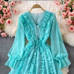 Materials: other Size: M L Color: apricot, blue, pink, white, black V Neck Dress, Apricot, Pink White, White Black, Victorian Dress, V Neck, Long Sleeve, Pink, Blue