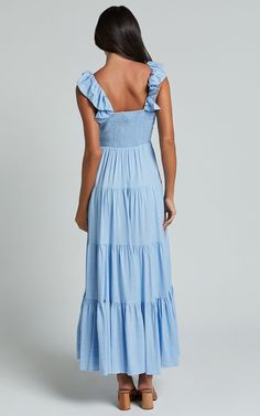 Nicollee Midi Dress - Plunge Neck Sleeveless Tiered Dress in Blue