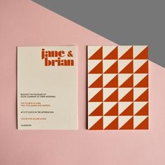 an orange and white business card on a pink background with the words jane & brain