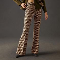 Maeve High-Rise Flare Pants 82% Viscose, 13% Nylon, 5% Elastane Front Slant Pockets Pull-On Styling Tweed Fabric Flared Leg Cut Houndstooth Print, Jacquard, Argyle Print, Checkered Pattern, High Rise Waist Machine Wash Imported Fitted Fall Pants With Pockets, Retro Wide Leg Pants For Work In Fall, Retro High-waisted Pants For Fall, Fall Retro High-waisted Pants, Beige Fitted Dress Pants For Fall, Beige Dress Pants For Fall, Fitted Beige Dress Pants For Fall, Chic Brown Mid-rise Bottoms, Brown Fitted Dress Pants For Fall