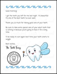 the tooth fairy poem is written in blue and has an image of a smiling tooth on it