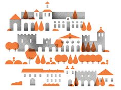 an orange and gray illustration of a castle surrounded by trees, bushes, and buildings