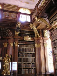 an old library with many bookshelves and statues on the shelves in front of them