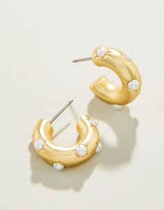 Chubby Hoop Earrings Trendy Gold Hoop Earrings With Pearls, Drop Hoop Earrings, Spartina 449, Earrings Cute, Pearl Set, Earrings Blue, Matte Gold, Gold Plating, Faux Pearl