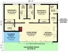 the floor plan for a two bedroom apartment with an attached kitchen and living room area