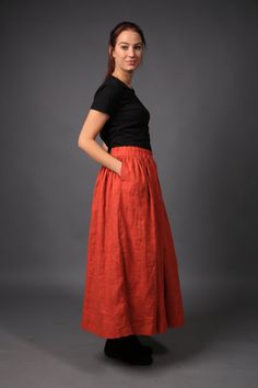 Linen skirt / Long Loose Linen skirt / Linen maxi skirt Linen Flowy Skirt With Lining, Linen Skirt With Relaxed Fit And Lining, Linen Full Skirt With Elastic Waistband, Linen Skirted Bottoms With Pockets, Full Linen Skirt With Elastic Waistband, Skirted Linen Bottoms With Pockets, Long Linen Relaxed Skirt, Relaxed Long Linen Skirt, Linen Flared Gathered Skirt