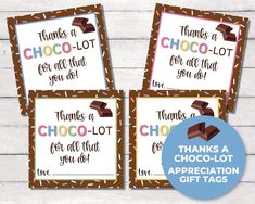 three thank cards with chocolate on them and the words, thanks for all that you do