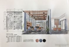 an architectural drawing of a living room and dining area in a house with open floor plans